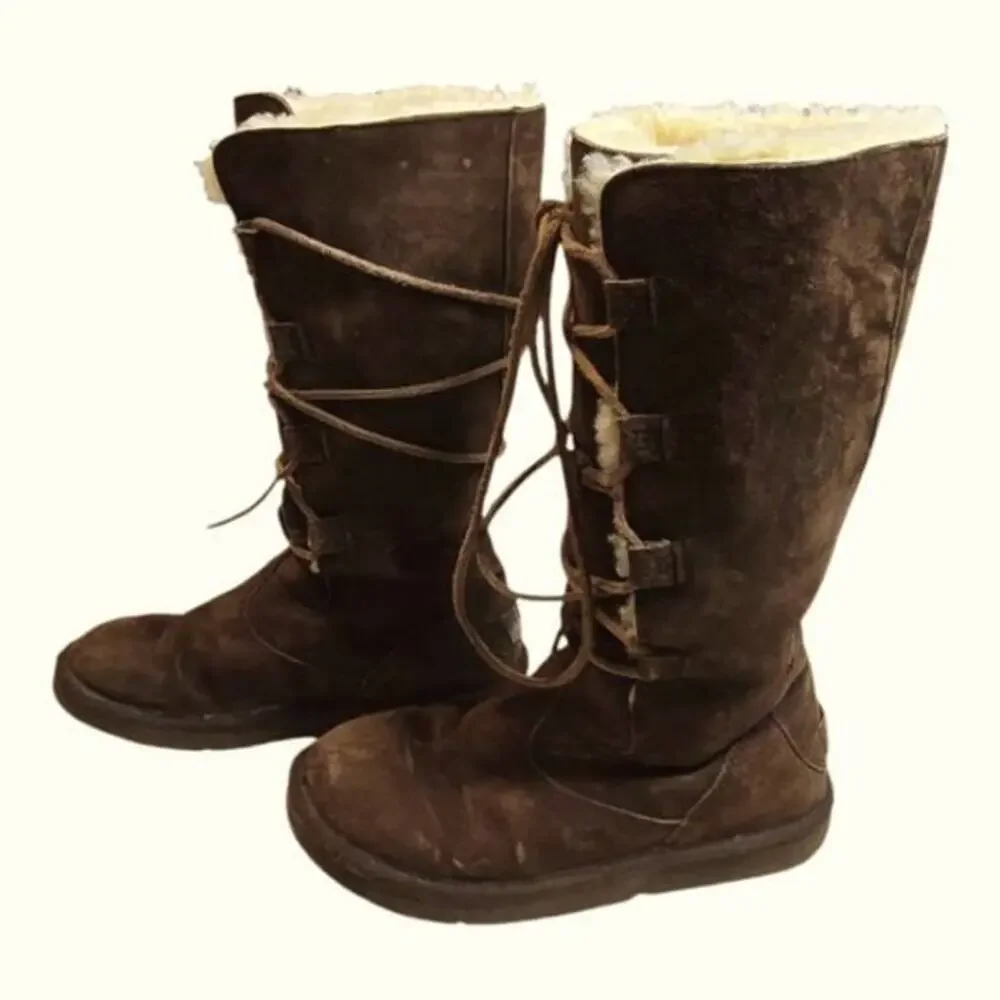 UGG‎ Whitley Tall Brown Suede Boots Lace Up Sheepskin Wool Lining Size 7